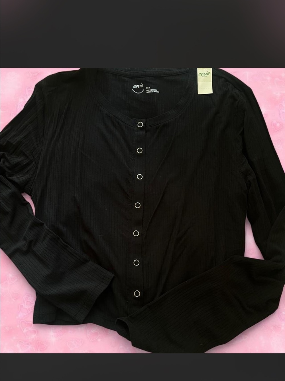 Aerie NWT Black Ribbed Button-Up Long Sleeve Top